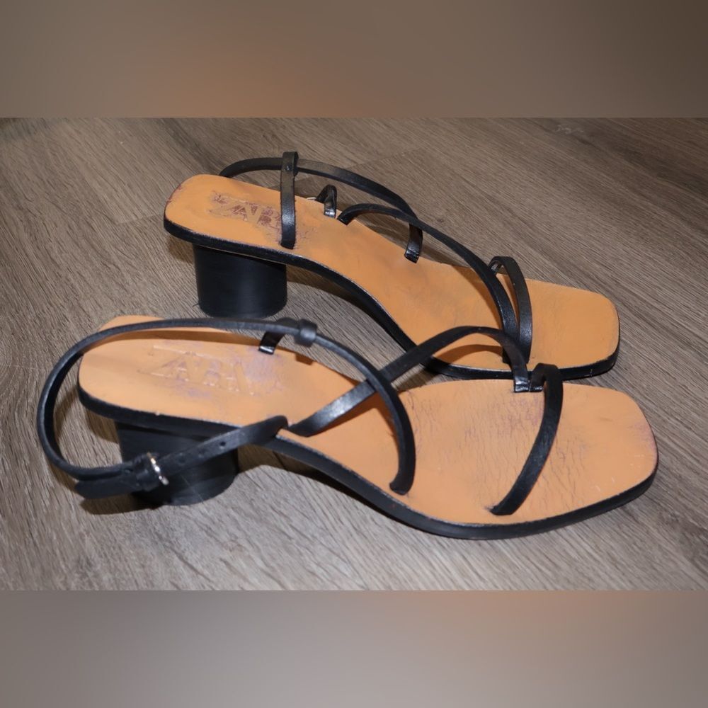 ZARA REAL LEATHER STRAPPY HIGH-HEEL SANDALS BLACK CIRCULAR HEEL 37